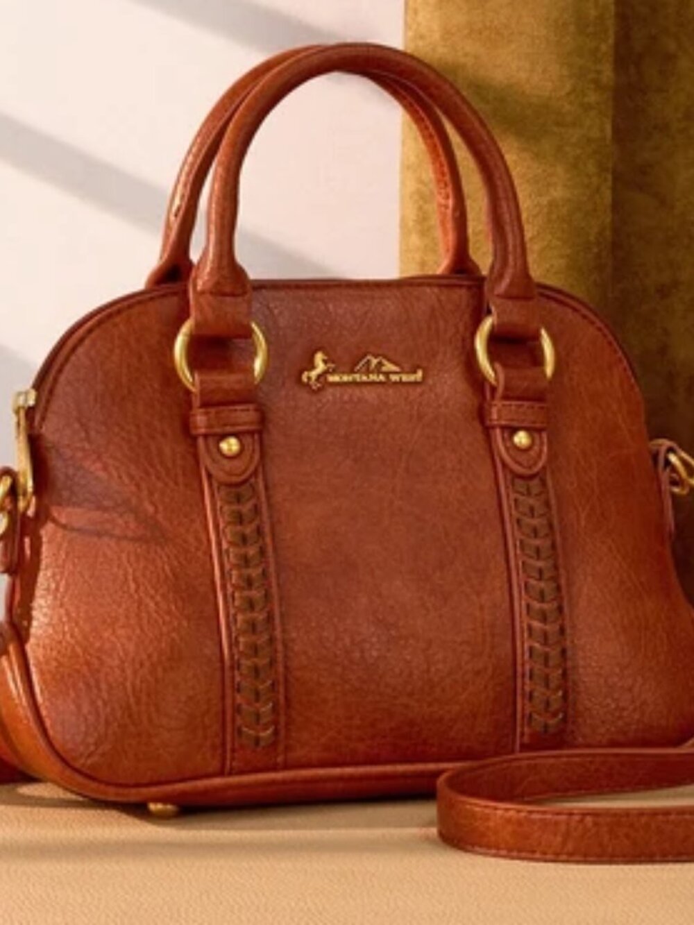 Montana West Whipstitch Dome Satchel Bag - Brown NWT